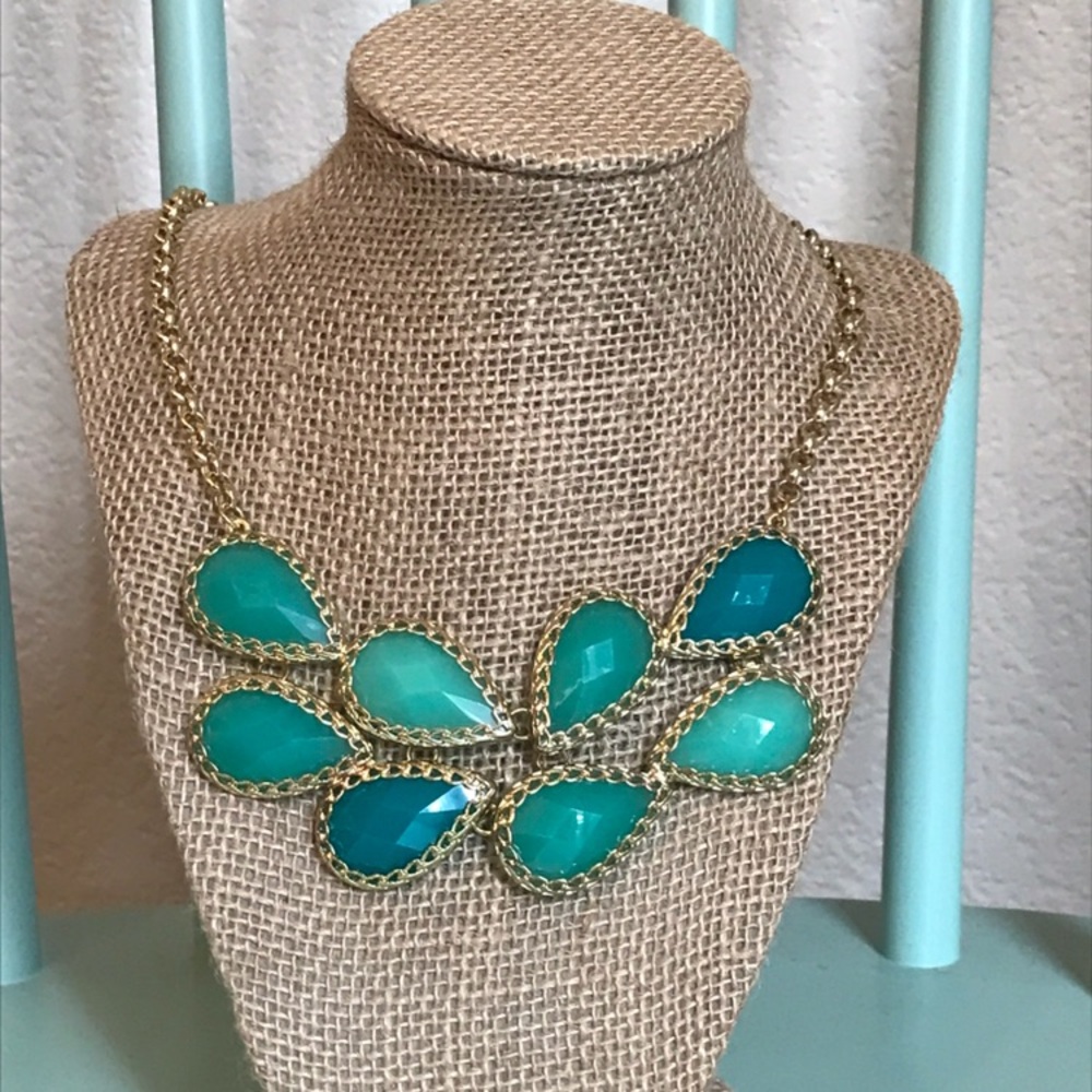 Turquoise Teal Lucite Delicate Intricate Statement Necklace Gold tone Lace Trim